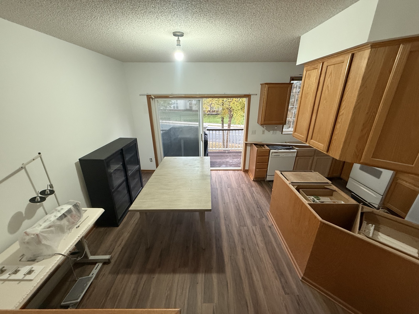Finished kitchen with new flooring and appliances